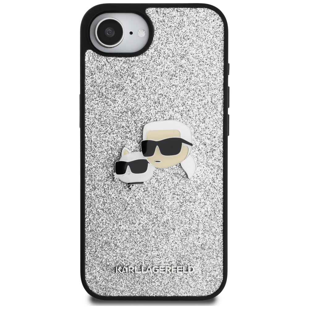 Deksel for Apple iPhone 17e / 16e, Karl Lagerfeld, Glitter Fixed Karl & Choupette's Heads, Sølvfarget