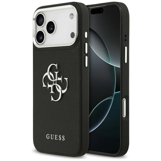 Deksel for Apple iPhone 17 Pro, Guess, 4G Grained Big and Classic Logo, Svart Sølv