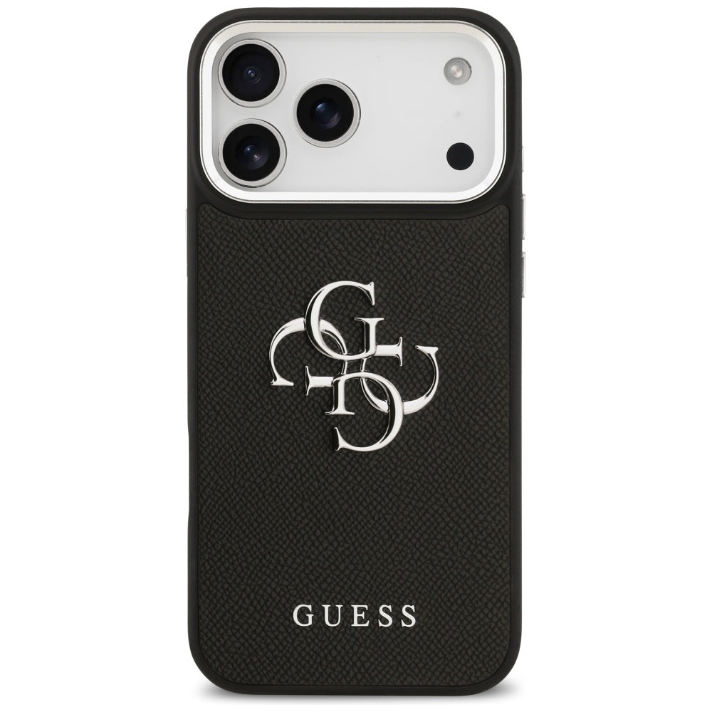 Deksel for Apple iPhone 17 Pro Max, Guess, 4G Grained Big and Classic Logo, Svart Sølv