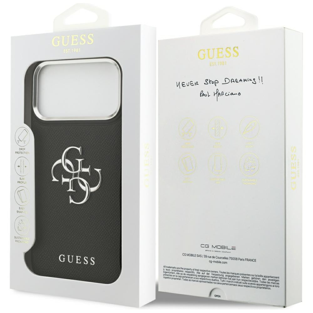 Deksel for Apple iPhone 17 Pro Max, Guess, 4G Grained Big and Classic Logo, Svart Sølv