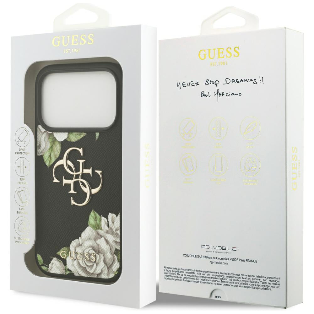 Deksel for Apple iPhone 17 Pro Max, Guess, 4G Grained Roses Big Logo, Svart