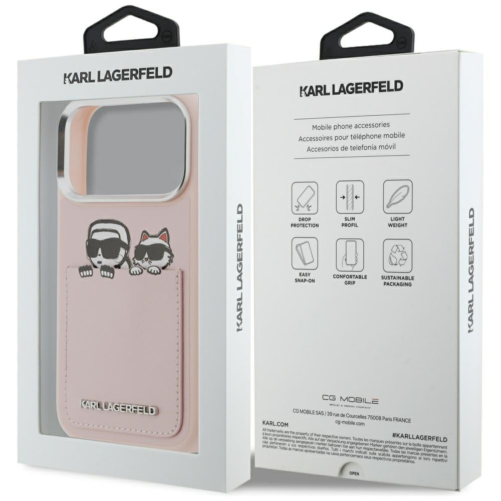 Deksel for Apple iPhone 17 Pro Max, Karl Lagerfeld, Karl & Choupette Print with Pocket, Rosa