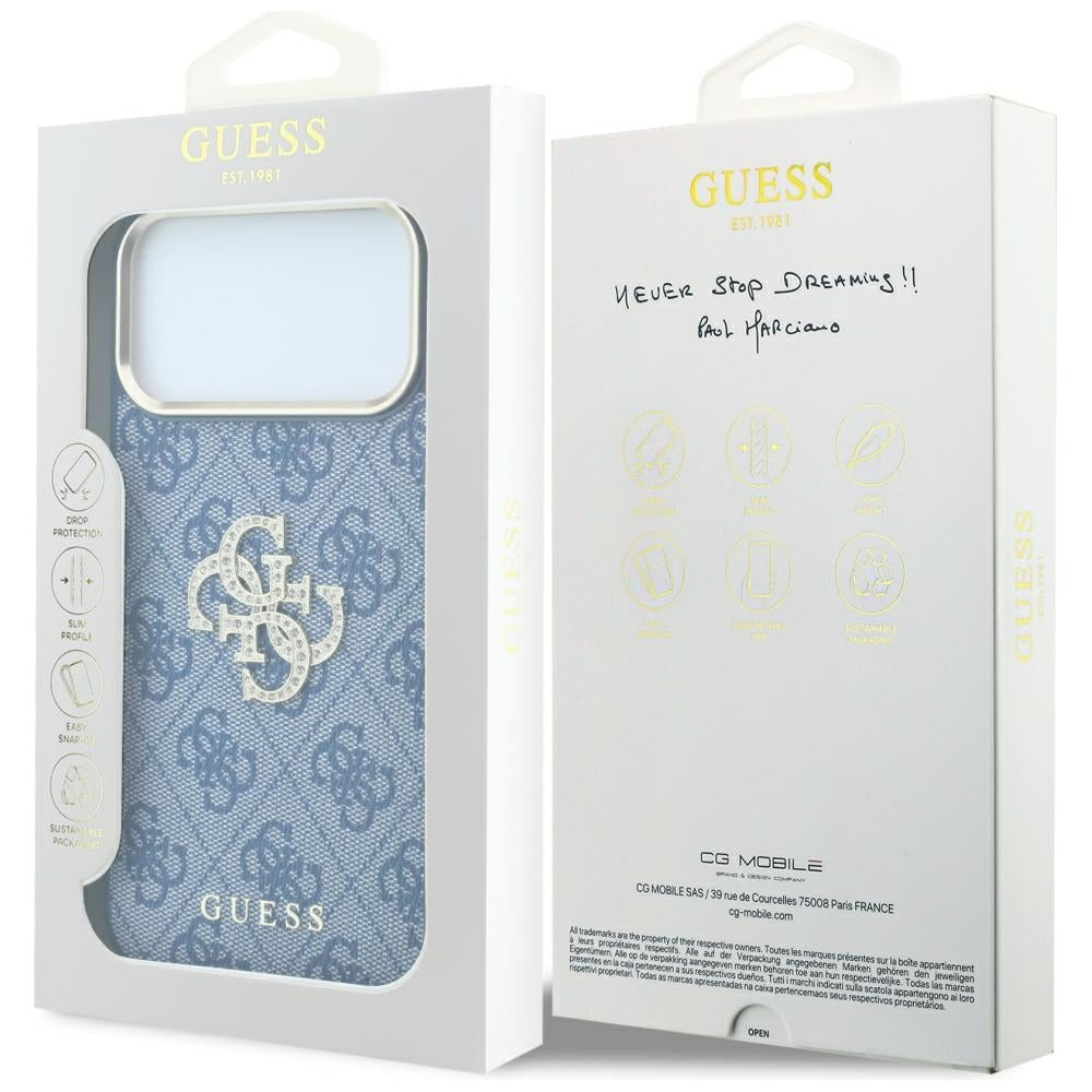 Deksel for Apple iPhone 18 Pro / 17 Pro, Guess, 4G Big Strass Logo, Blå