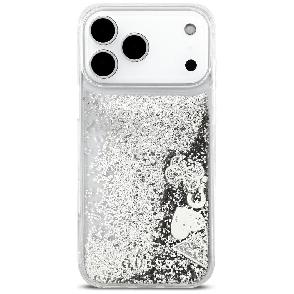 Deksel til Apple iPhone 18 Pro / 17 Pro, Guess, Liquid Glitter Charms, sølvfarget