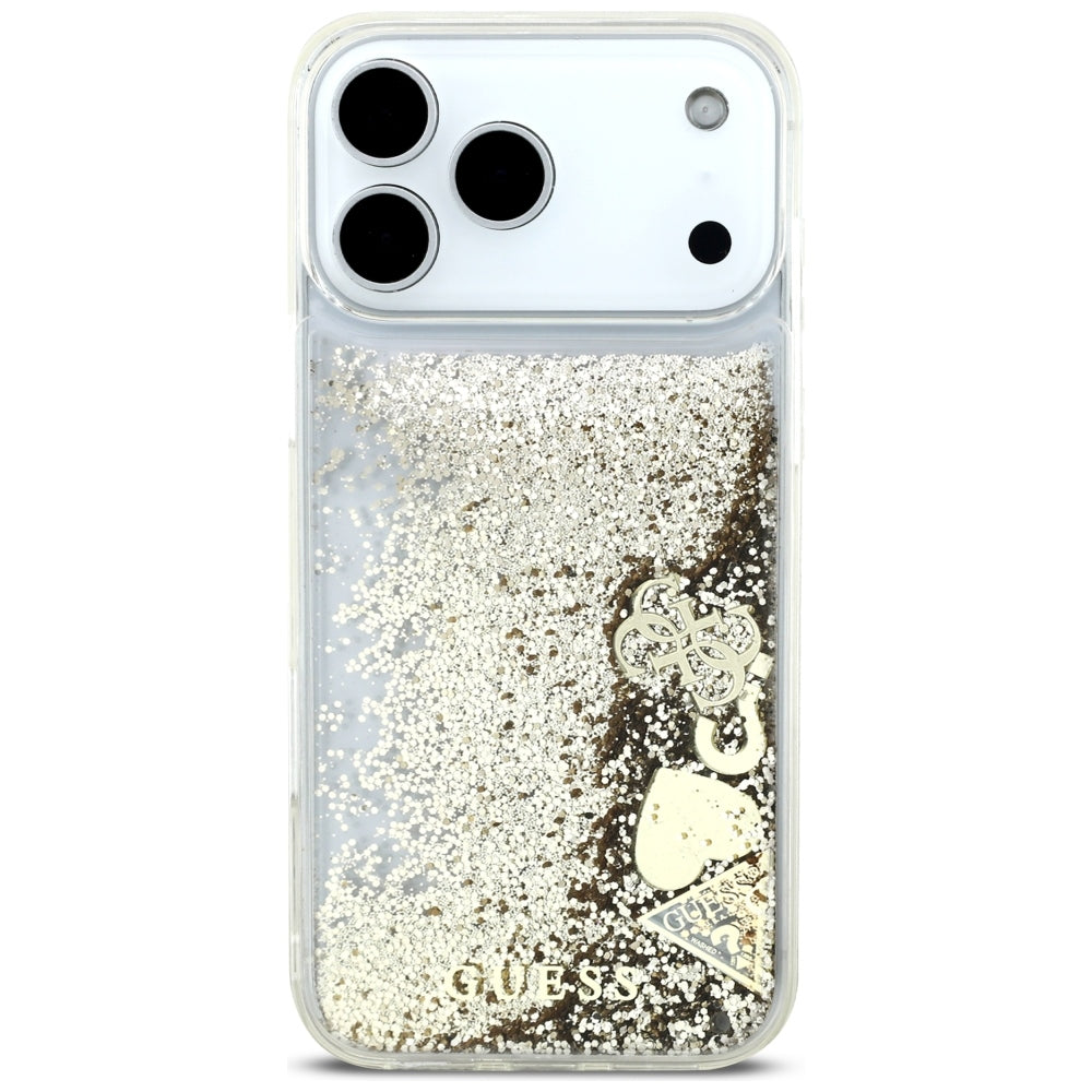 Deksel til Apple iPhone 18 Pro / 17 Pro, Guess, Liquid Glitter Charms, gullfarget