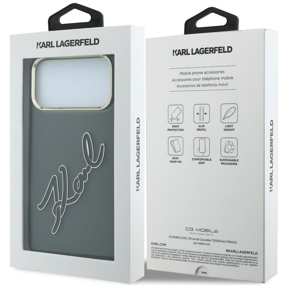 Deksel for Apple iPhone 18 Pro / 17 Pro, Karl Lagerfeld, IML Big Signature Resin Logo og Metallramme, Svart