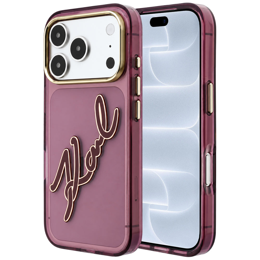 Deksel for Apple iPhone 18 Pro / 17 Pro, Karl Lagerfeld, IML Big Signature Resin Logo og Metallramme, Burgunder