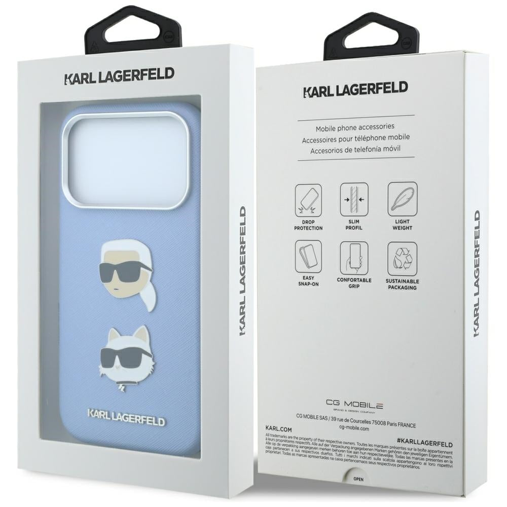 Deksel til Apple iPhone 18 Pro / 17 Pro, Karl Lagerfeld, Saffiano med Karl & Choupette-hodepin og logo, blå