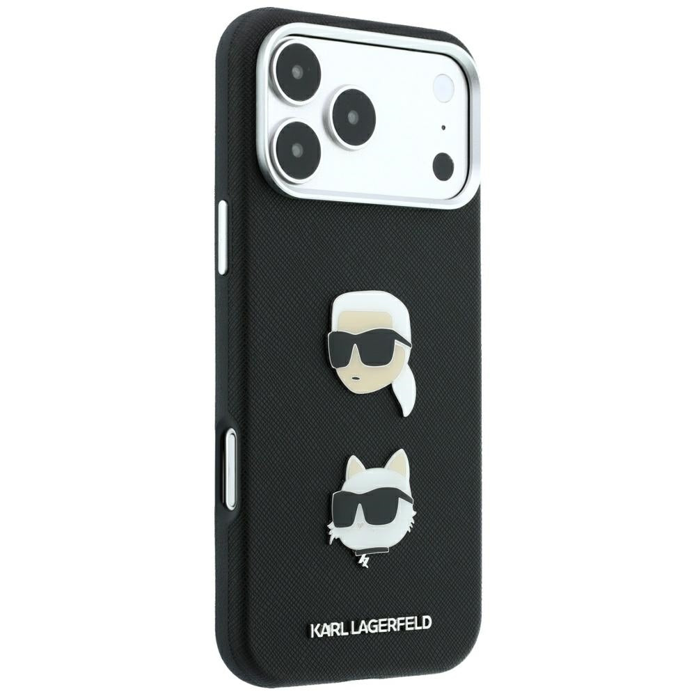 Deksel til Apple iPhone 18 Pro / 17 Pro, Karl Lagerfeld, Saffiano med Karl & Choupette-hodepin og logo, svart