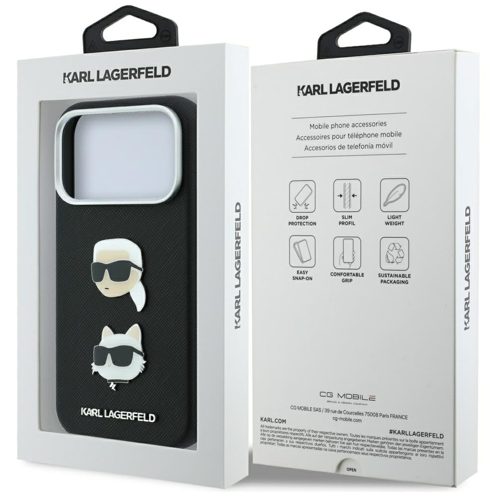 Deksel til Apple iPhone 18 Pro / 17 Pro, Karl Lagerfeld, Saffiano med Karl & Choupette-hodepin og logo, svart