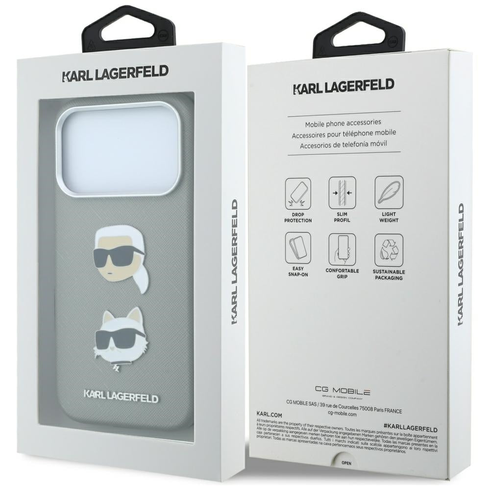 Deksel til Apple iPhone 18 Pro Max / 17 Pro Max, Karl Lagerfeld, Saffiano med Karl & Choupette Head's Pin and Logo, grå