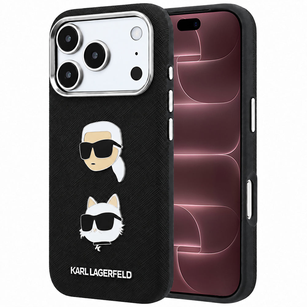 Deksel for Apple iPhone 18 Pro Max / 17 Pro Max, Karl Lagerfeld, Saffiano med Karl & Choupette-hodepinne og logo, svart