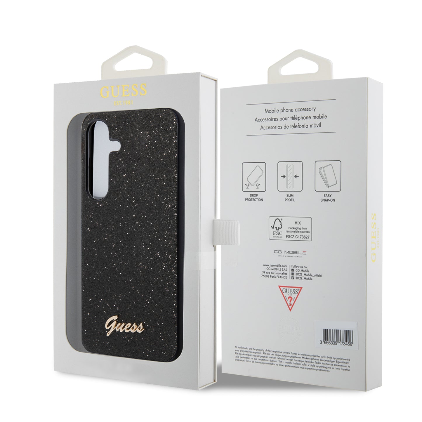 Deksel for Samsung Galaxy S24 S921, Guess, Glitter Script, Svart