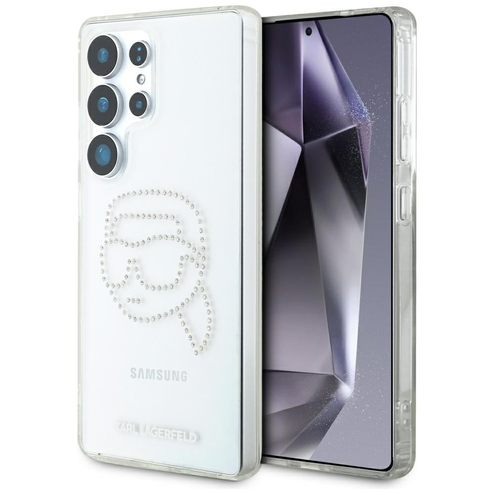 Deksel for Samsung Galaxy S25 Ultra S938, Karl Lagerfeld, IML Rhinestones Karl's Head, Gjennomsiktig