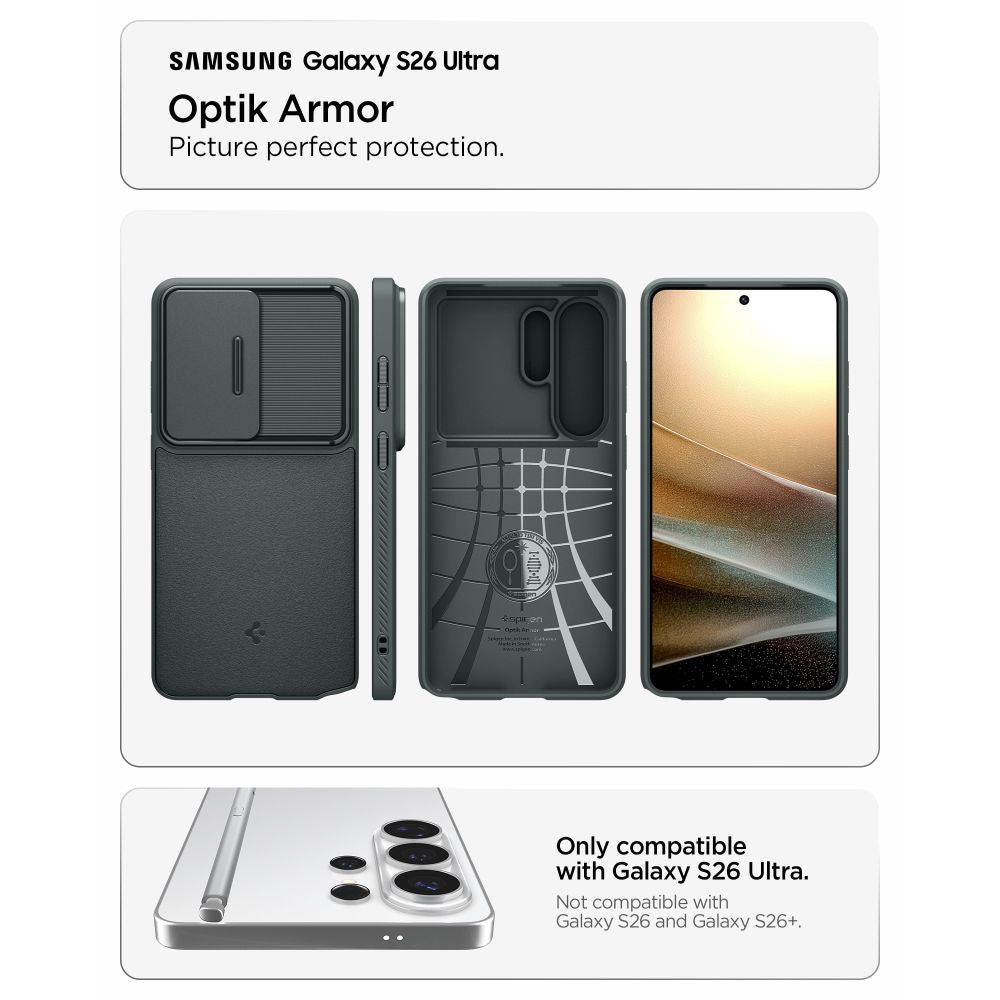 Deksel for Samsung Galaxy S26 Ultra S948, Spigen, Optik Armor, Grønn ACS10688