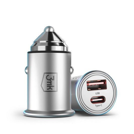 Billader 3MK Hyper, 45W, 3A, 1 x USB-A - 1 x USB-C, Sølv
