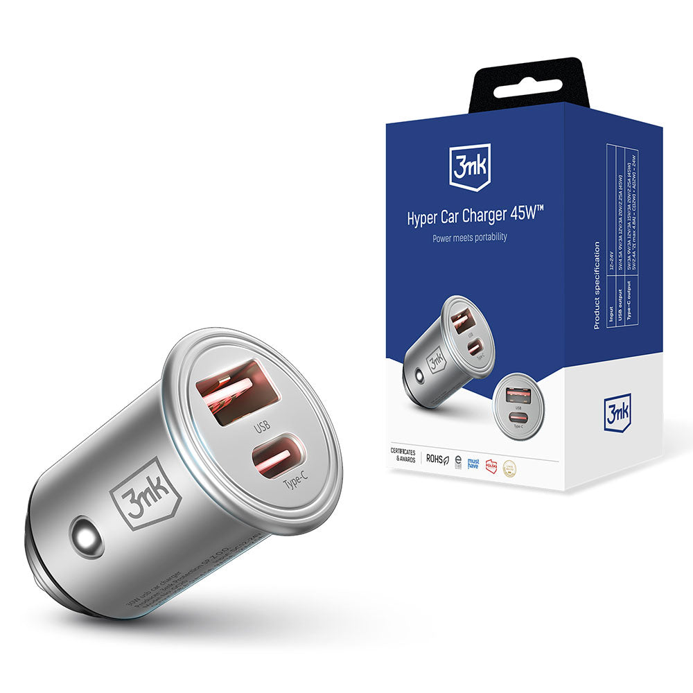 Billader 3MK Hyper, 45W, 3A, 1 x USB-A - 1 x USB-C, Sølv