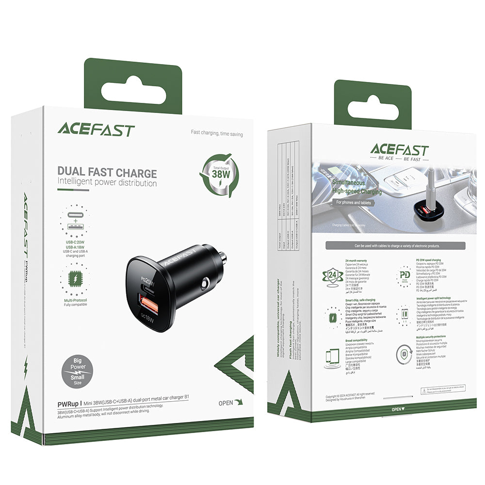 Bilader Acefast B1, 38W, 3A, 1 x USB-A - 1 x USB-C, Svart