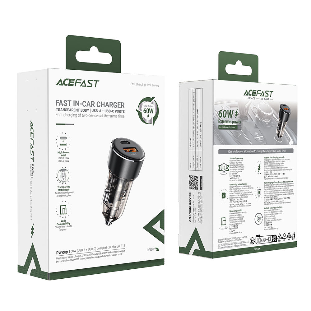 Bilader Acefast B12, 60W, 3A, 1 x USB-A - 1 x USB-C, Svart