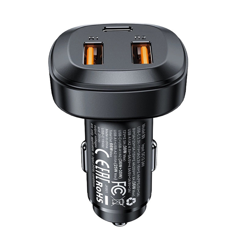 Acefast B9 billader, 66W, 5A, 2 x USB-A - 1 x USB-C, Svart