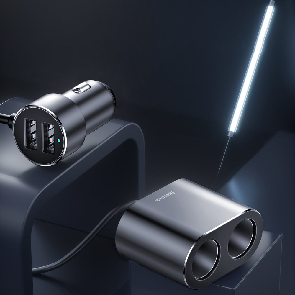 Baseus høyeffektiv billader, 95 W, 2,1 A, 2 x sigarettennerutvidelse - 2 x USB-A, grå CRDYQ-01 CRDYQ-01