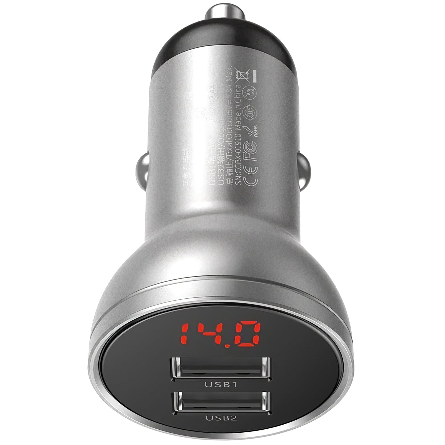Bilader Baseus Digital Display, 24W, 2.4A, 2 x USB-A, Sølv CCBX-0S