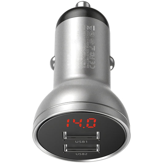 Baseus billader med digital skjerm, 24W, 2,4A, 2 x USB-A, sølv CCBX-0S