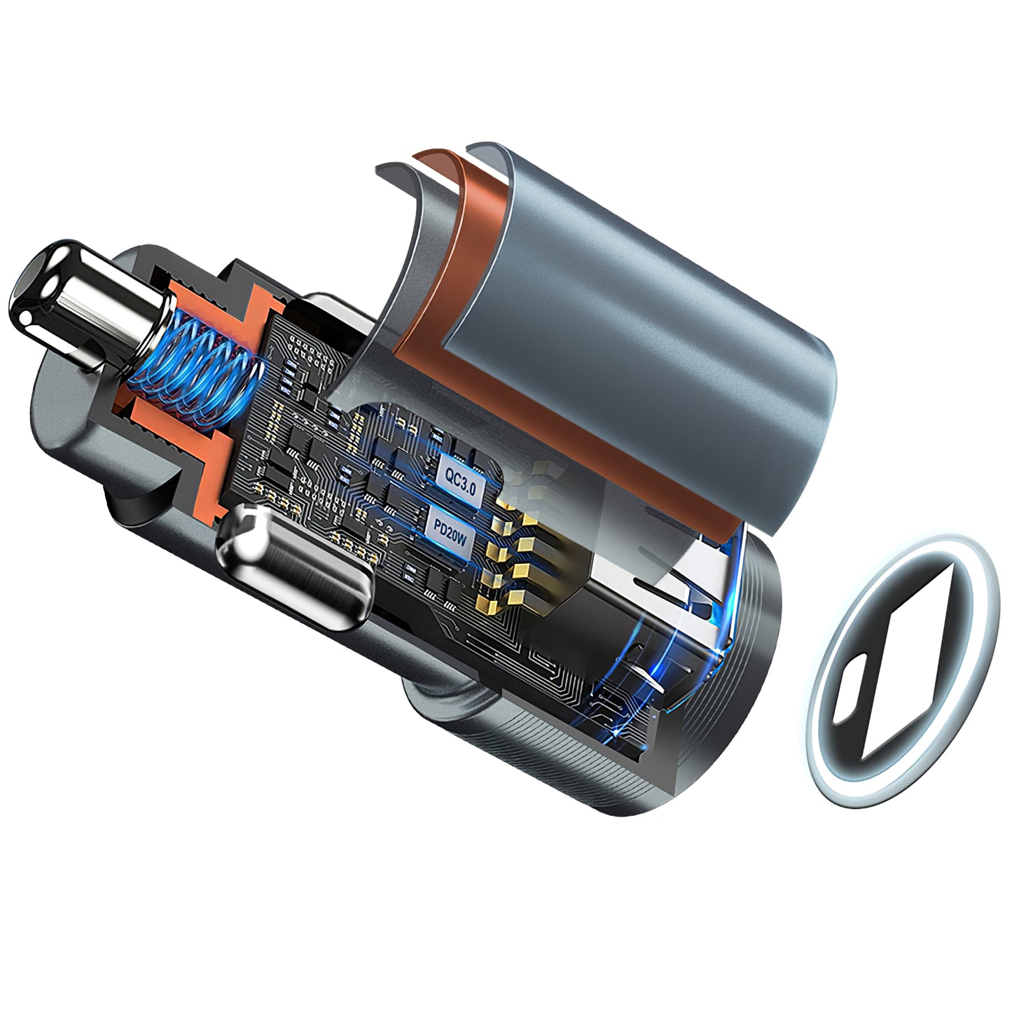 Billader BWOO BO-CC73, 38W, 3A, 1 x USB-A - 1 x USB-C, Sølv