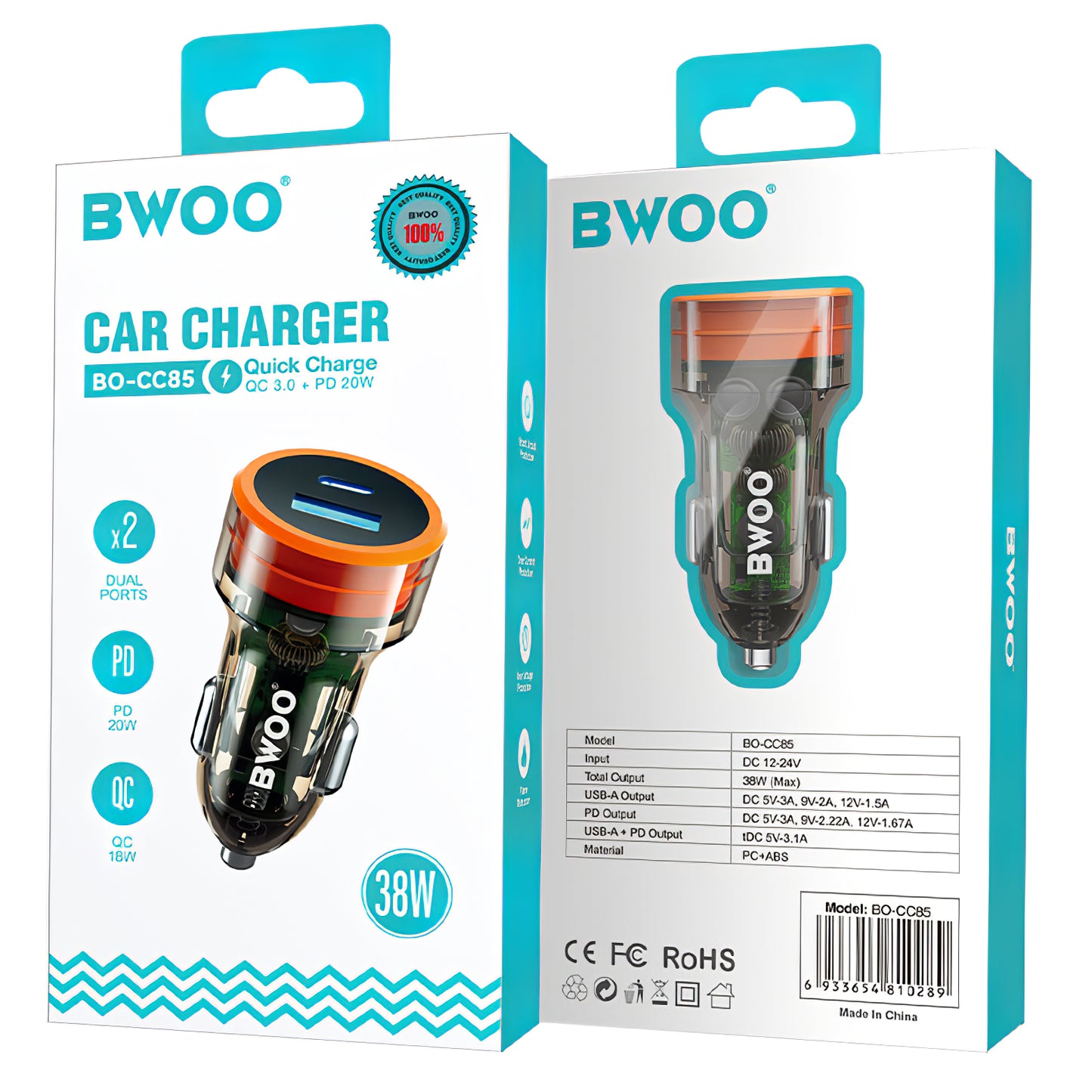 Billader BWOO BO-CC85, 38W, 3A, 1 x USB-A - 1 x USB-C, svart