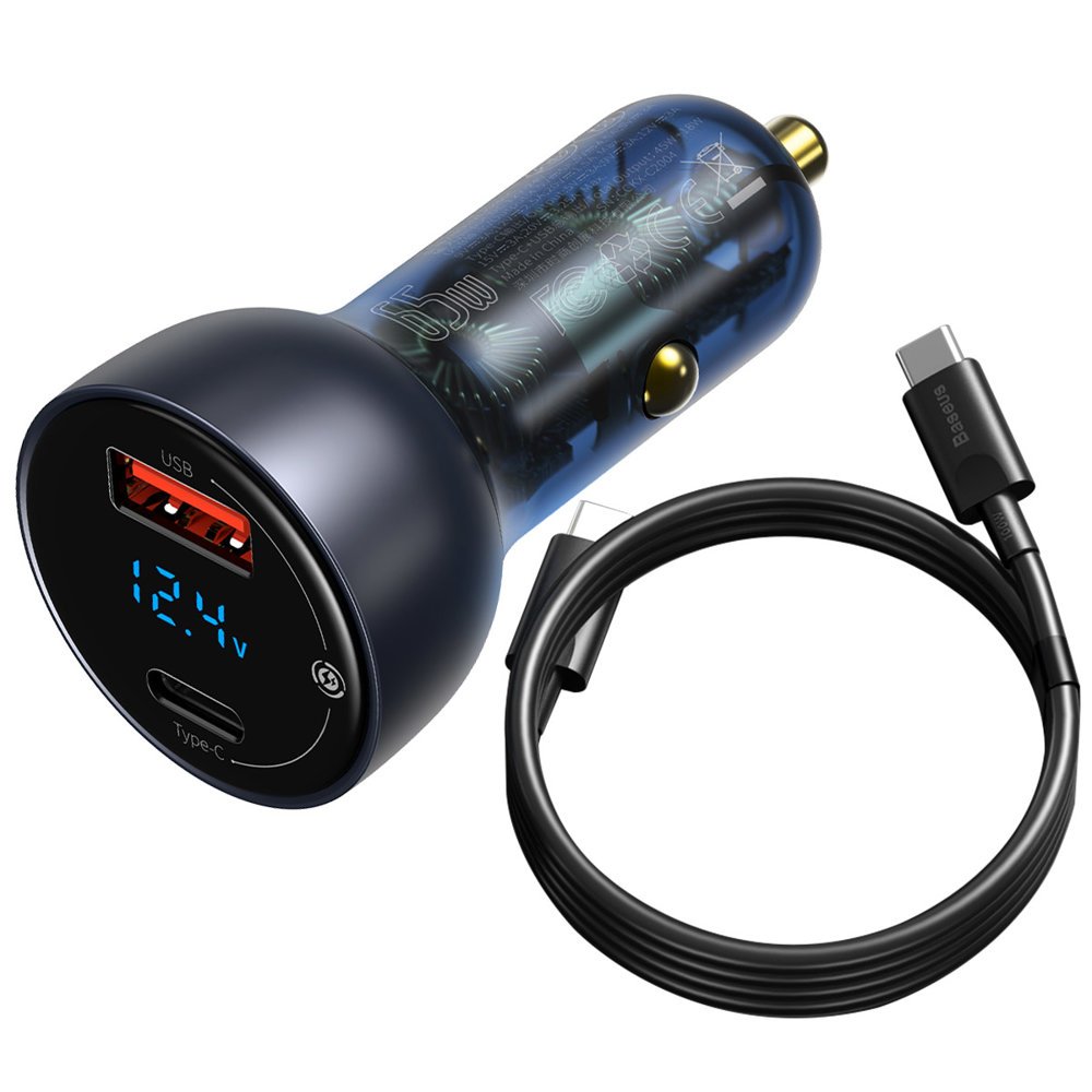 Billader med USB-C-kabel Baseus Digital Display, 65W, 5A, 1 x USB-A - 1 x USB-C, svart TZCCKX-0G