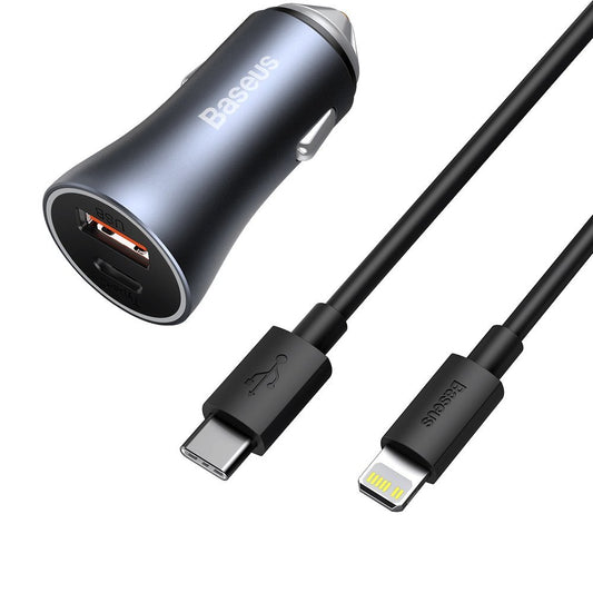 Billadere med Lightning-kabel Baseus Golden Contactor, 40W, 3A, 1 x USB-A - 1 x USB-C, grå TZCCJJD-B0G