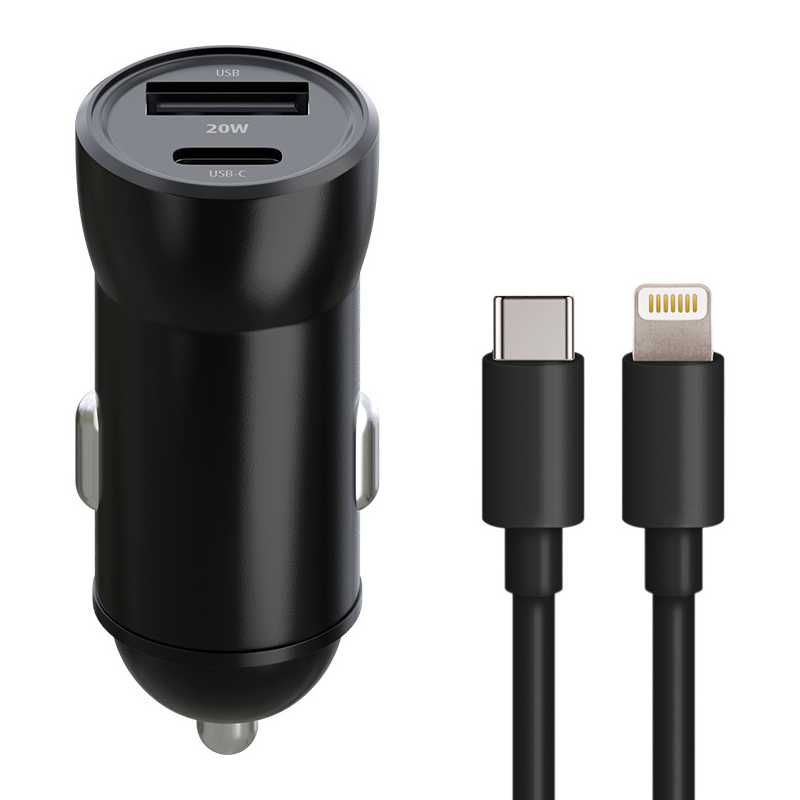 Bilader med Lightning-kabel MaXlife MXCC-04, 20W, 3A, 1 x USB-A - 1 x USB-C, Svart