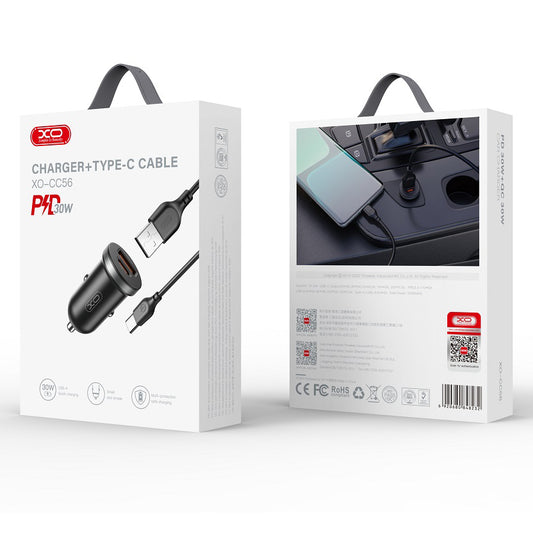 Bilader med USB-C-kabel XO Design CC56, 30W, 3A, 1 x USB-A - 1 x USB-C, Svart