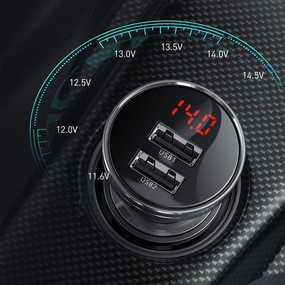 Billadere med lynkabel - microUSB - USB-C Baseus Digital Display, 24W, 2,4A, 2 x USB-A, grå TZCCBX-0G TZCCBX-0G