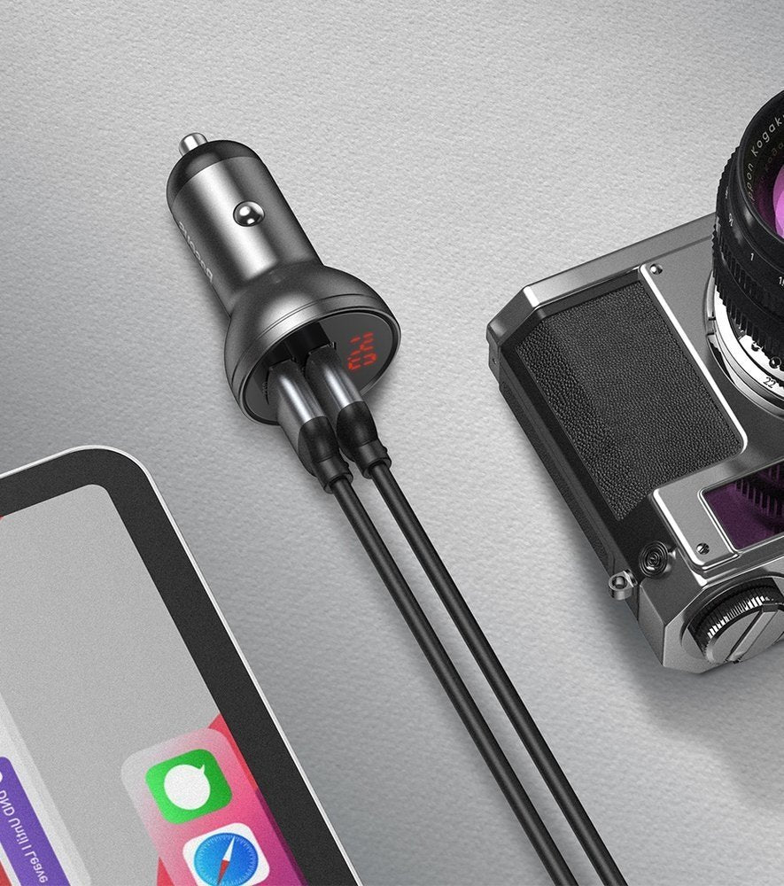 Billadere med lynkabel - microUSB - USB-C Baseus Digital Display, 24W, 2,4A, 2 x USB-A, grå TZCCBX-0G TZCCBX-0G