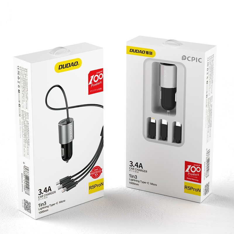 Billader med Lightning / microUSB / USB-C-kabel Dudao R5ProN, 17W, 3,4A, 1 x USB-A, svart