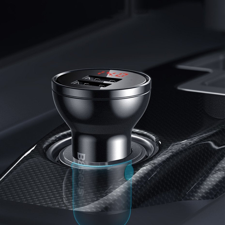 Billadere med lynkabel - microUSB - USB-C Baseus Digital Display, 24W, 2,4A, 2 x USB-A, grå TZCCBX-0G TZCCBX-0G