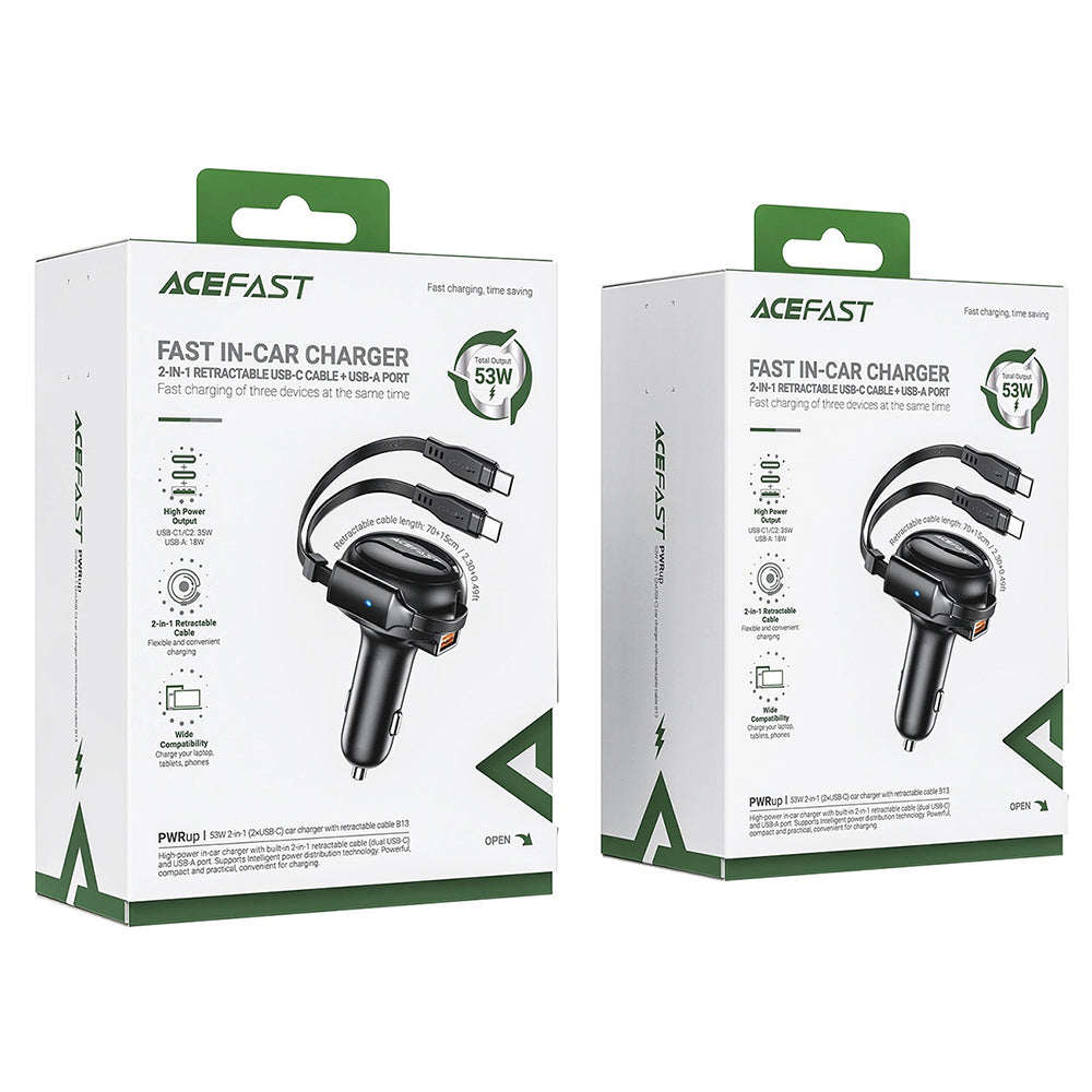 Bilader med USB-C-kabel Acefast B13, 53W, 3A, 1 x USB-A, Svart