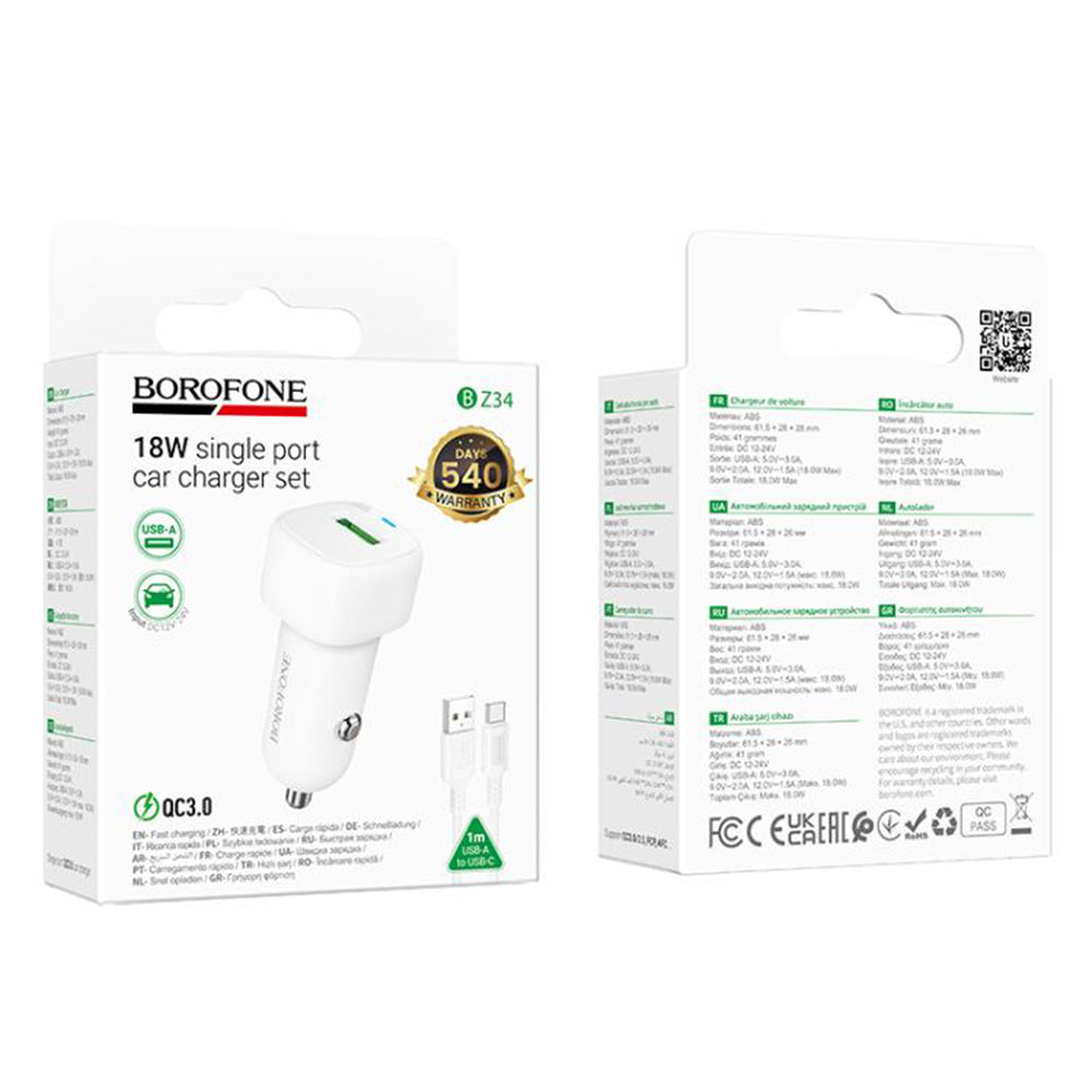 Bilader med USB-C-kabel Borofone BZ34 Cloud, 18W, 3A, 1 x USB-A, Hvit
