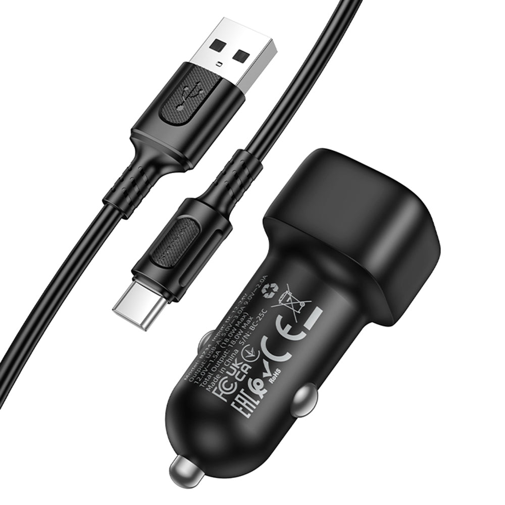 Bilader med USB-C-kabel Borofone BZ34 Cloud, 18W, 3A, 1 x USB-A, Svart