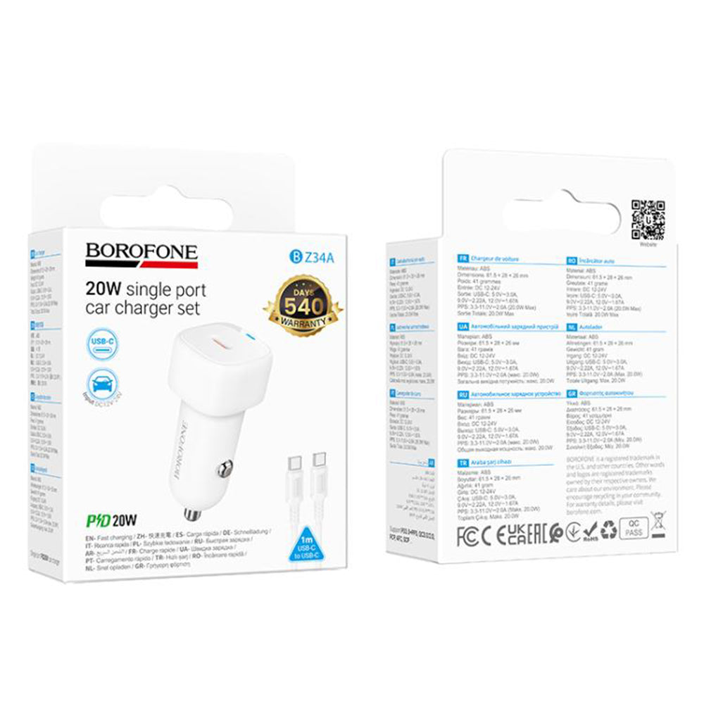 Bilader med USB-C-kabel Borofone BZ34A Cloud, 20W, 3A, 1 x USB-C, Hvit