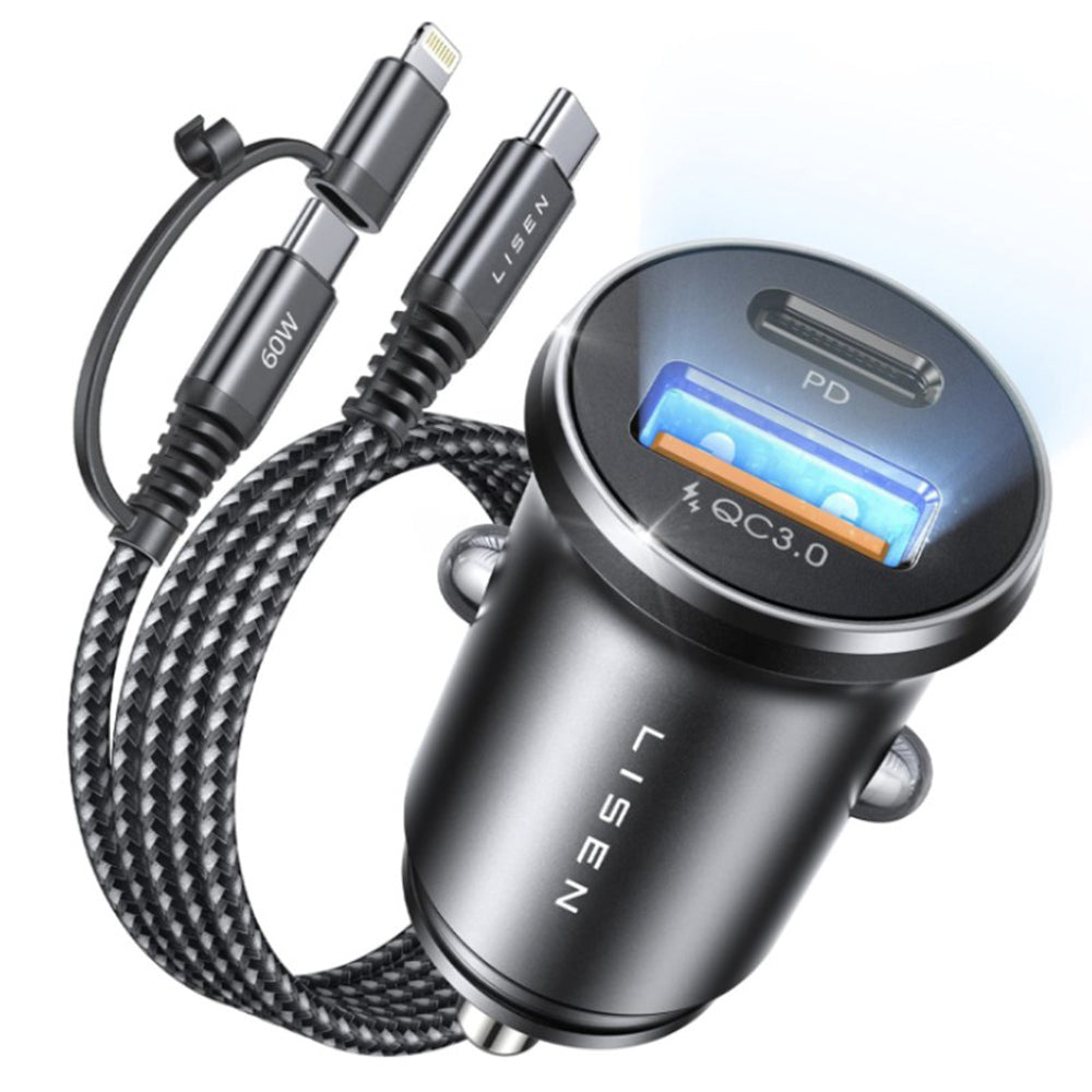 Bilader med USB-C / Lightning-kabel Lisen, 48W, 3A, 1 x USB-A - 1 x USB-C, Svart YL0223080035