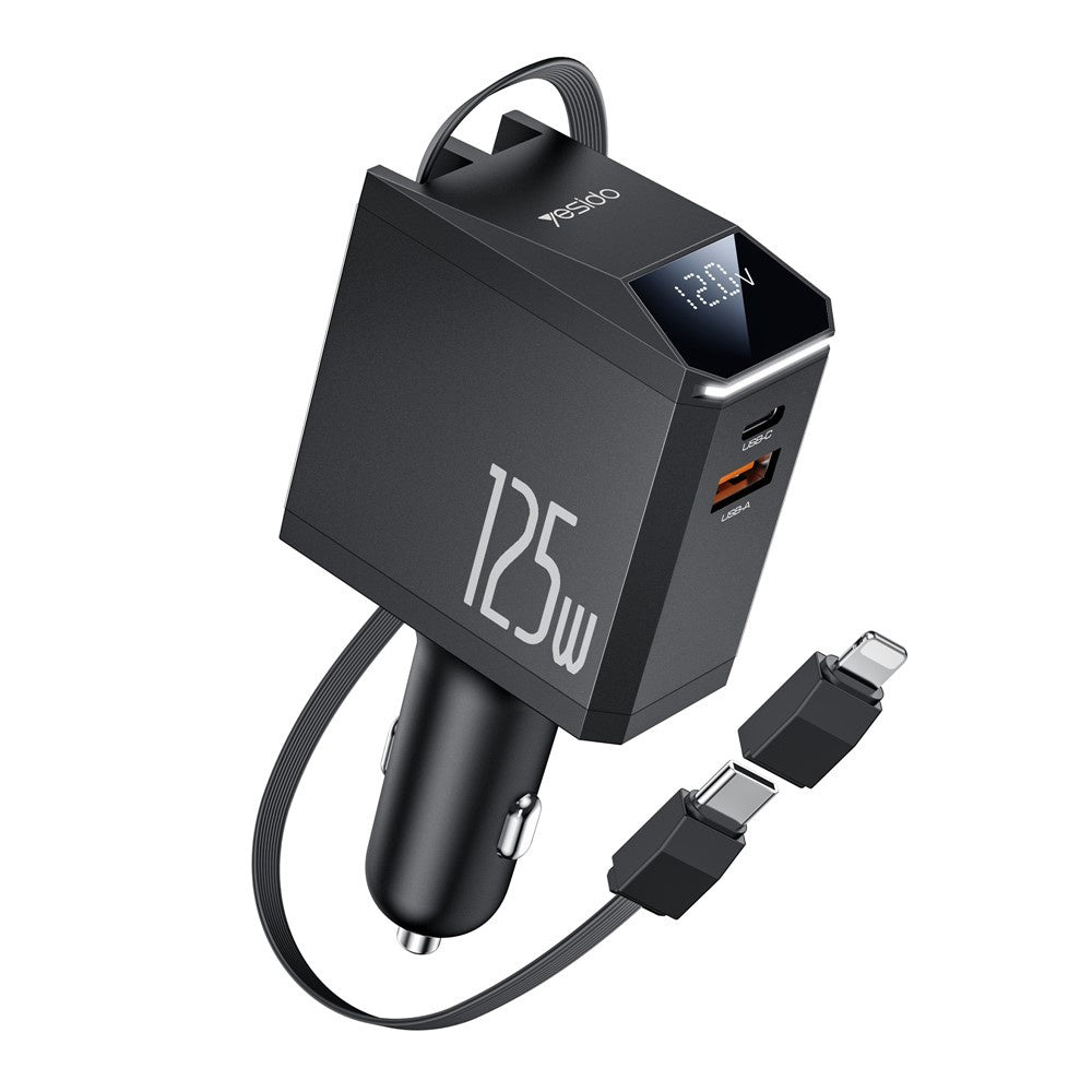 Bilader med USB-C / Lightning-kabel Yesido Y71 Display, 125W, 3A, 1 x USB-A - 1 x USB-C, Svart