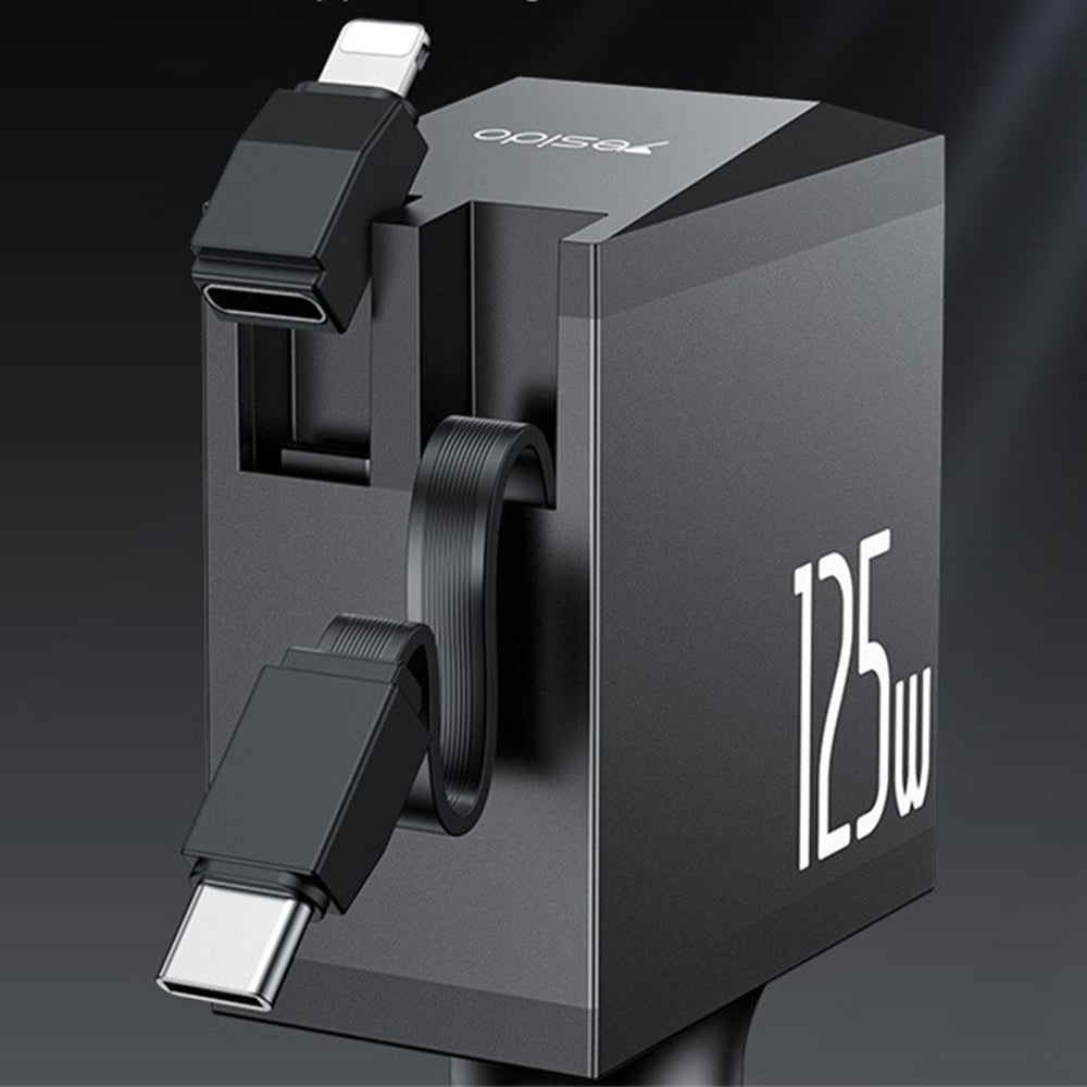 Bilader med USB-C / Lightning-kabel Yesido Y71 Display, 125W, 3A, 1 x USB-A - 1 x USB-C, Svart