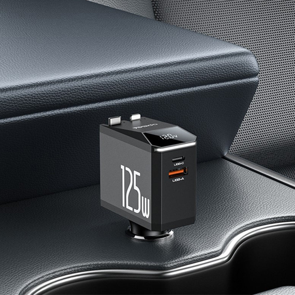 Bilader med USB-C / Lightning-kabel Yesido Y71 Display, 125W, 3A, 1 x USB-A - 1 x USB-C, Svart