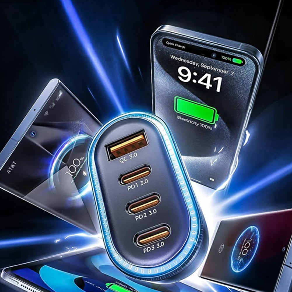 Bilader med USB-C-kabel Lisen, 101W, 3.25A, 1 x USB-A - 3 x USB-C, Svart YL0223120021