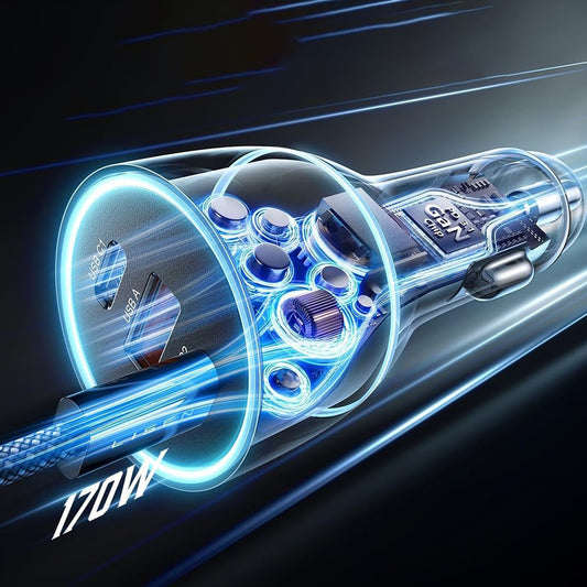 Bilader med USB-C-kabel Lisen, 170W, 5A, 1 x USB-A - 2 x USB-C, Svart YL0224010001