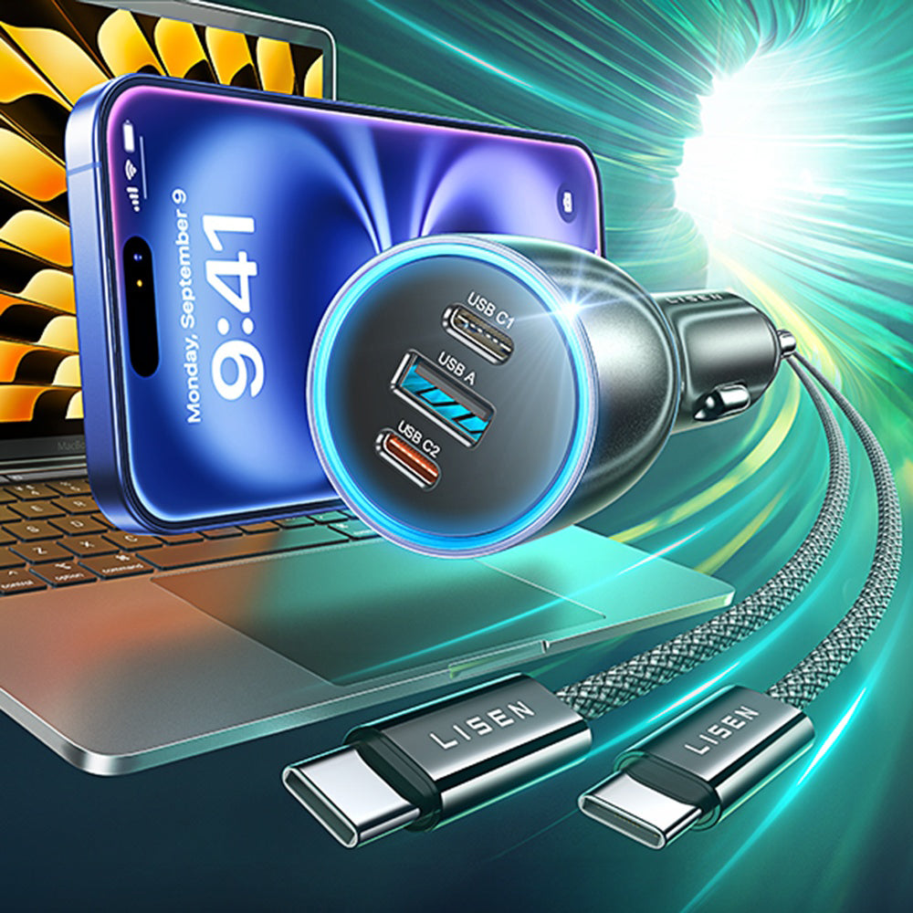 Bilader med USB-C-kabel Lisen, 170W, 5A, 1 x USB-A - 2 x USB-C, Svart YL0225060006