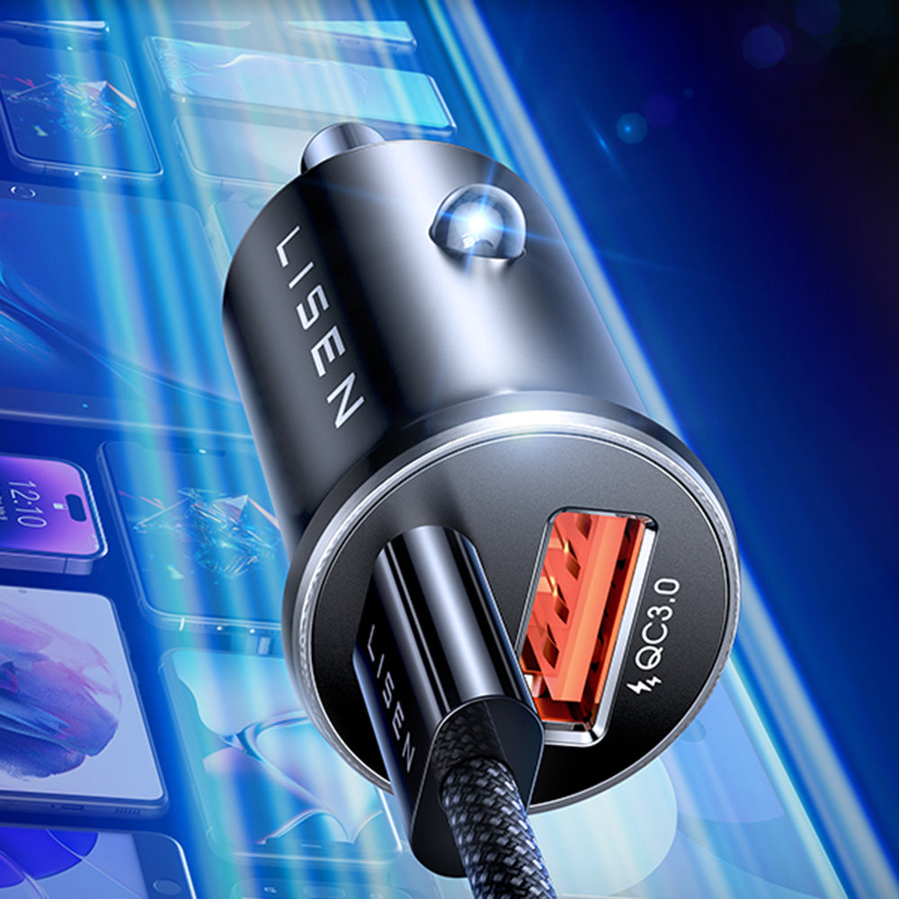Bilader med USB-C-kabel Lisen, 83W, 3.25A, 1 x USB-A - 1 x USB-C, Sølv YL0223110003