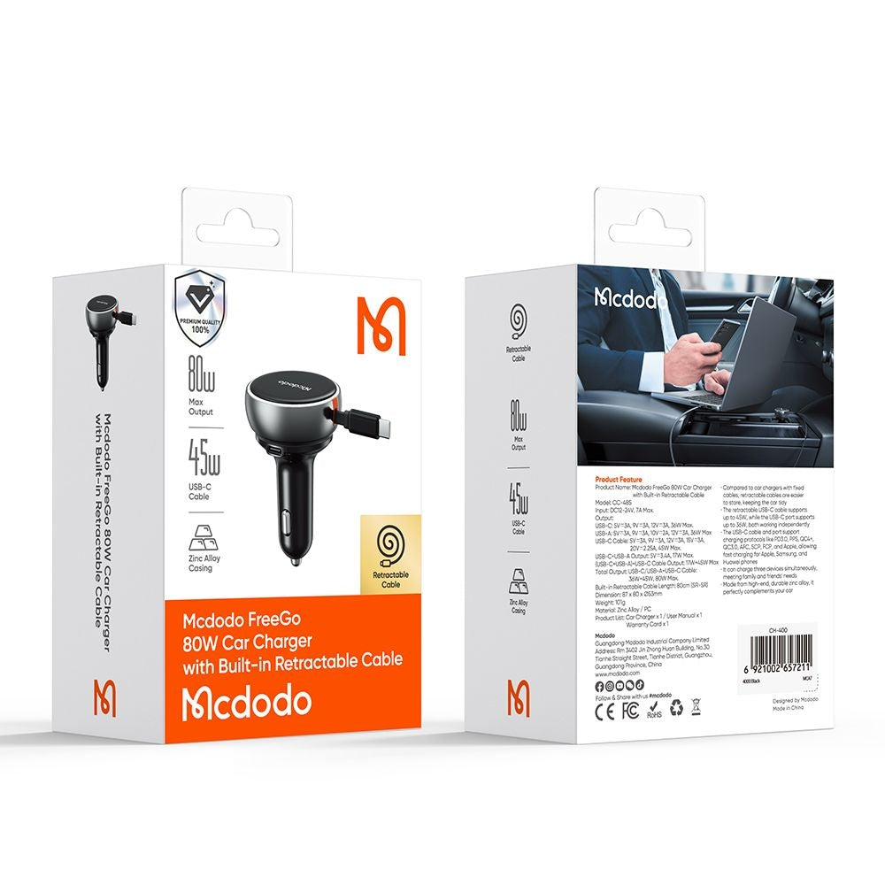 Bilader med USB-C-kabel McDodo CC-4850, 80W, 3A, 1 x USB-A - 1 x USB-C, Svart